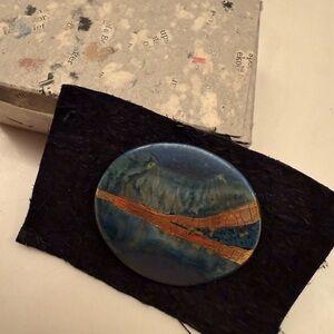 Round Blue Ceramic Brooch with Copper Accents